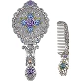 Vintage Hand Mirror Comb Set - Vanity Handheld Makeup Mirror Antique Pewter | Russian Style Embossed Rose, Vanity Handheld Makeup Metal Travel Handle Portable Foldable Decorative Tabletop Stand Women