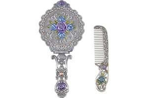Nerien Vintage Mirror Comb Set Metal Antique Rose Style Handheld Makeup Mirror Travel Round Folding Cosmetic Mirror Women's Vanity Handle Foldable Mirror Decorative Tabletop Mirror Antique Pewter