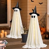 2 Pack Halloween Ghost Decorations, Light Up Ghosts with Witch Hat and Remote Control String Lights, Spooky DIY Ghost Kit for Outdoor Halloween Decorations Porch Yard Garden Lawn Indoor Party