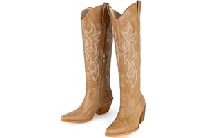 MISSMILLER Women's Embroidered Wide Calf Western Cowgirl High Knee Boots Pull On Pointed Toe Cowboy Tall Boots for Ladies