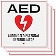 AED Stickers 4-Pack | Automated External Defibrillator Red and White Signs, Durable Self Adhesive Weatherproof Vinyl Decals, 4" x 4"