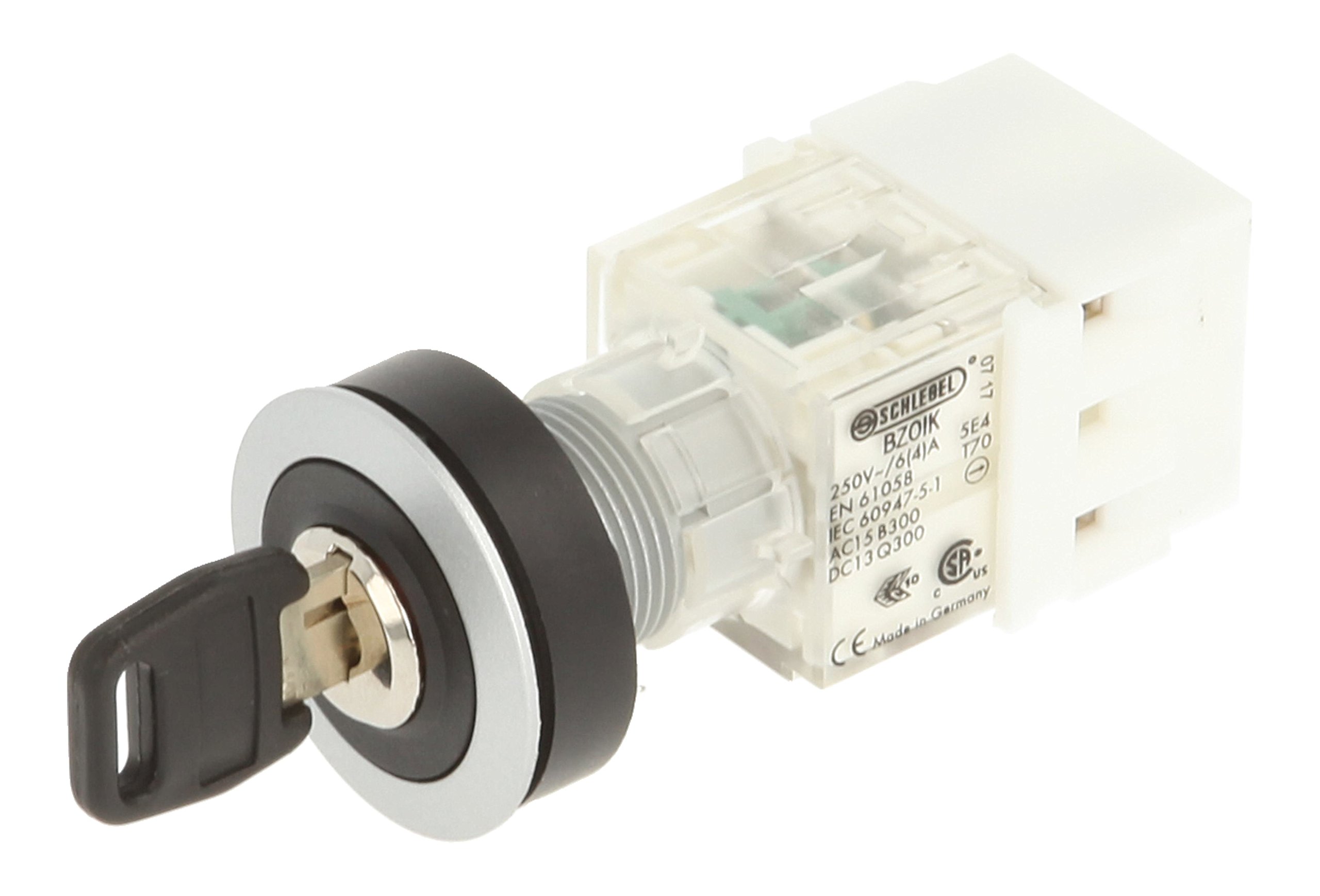 Schlegel 23.001.467 Key Switch Silver-Coloured, Locking, 3 Positions 9-12-15 o'clock, Push Contact Sensor 1 Opener/1 N/O Contact, Screw Connection