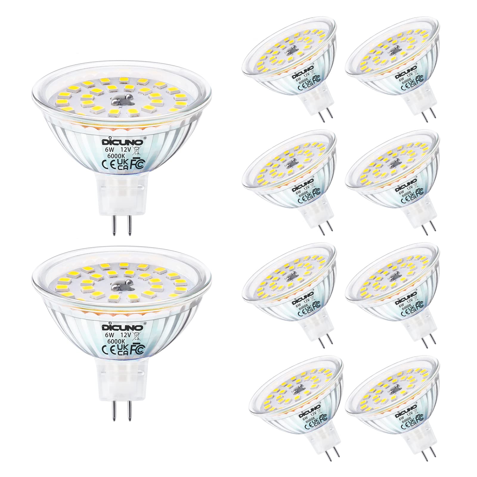 DiCUNO MR16 LED Light Bulbs 6W, GU5.3 Spotlight Bulb 12V, Equivalent to 70W Halogen, Cool White 6000K, 610LM, 120° Beam Angle, GU5.3 Bi-Pin Base Track Light, 10 Packs
