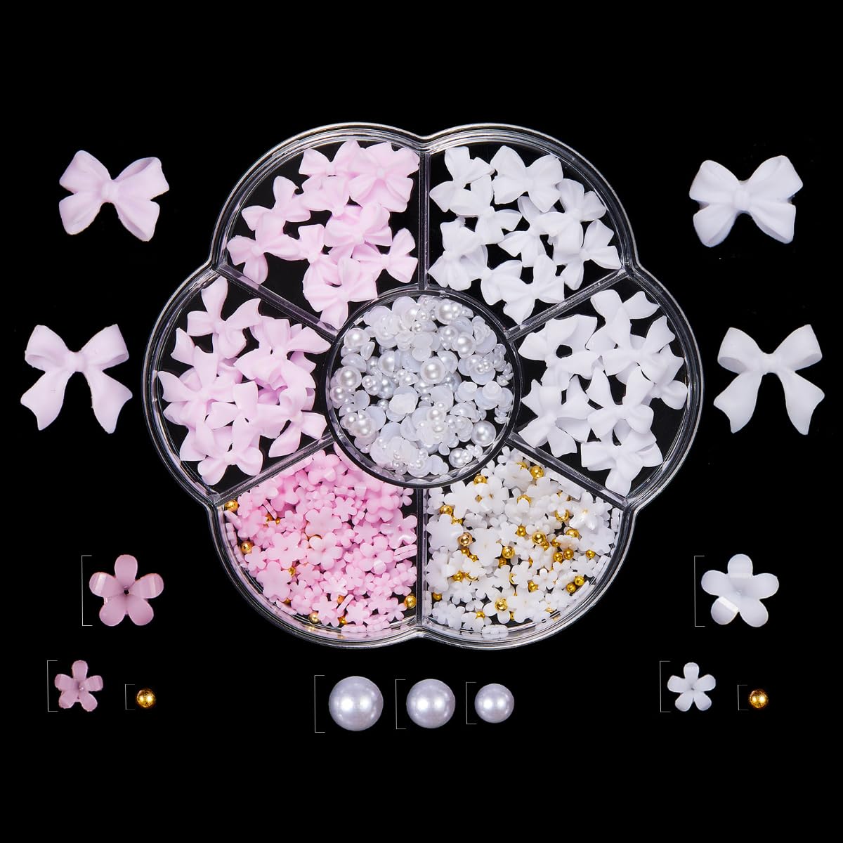 KARLOR Nail Charms Set, 3D Flowers Nail Decoration Pink Bow Nail Charms Nail Art Decoration Resin Beads Acrylic Flowers Nail Gems with White Half Beads for Acrylic Nail Art Accessories（7M-145）