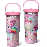 30 oz Flamingo Tumbler with Handle, Large Insulated Tumbler with Flip & Straw Coffee Mug Cup Stainless Steel Gifts for Women Men Youth
