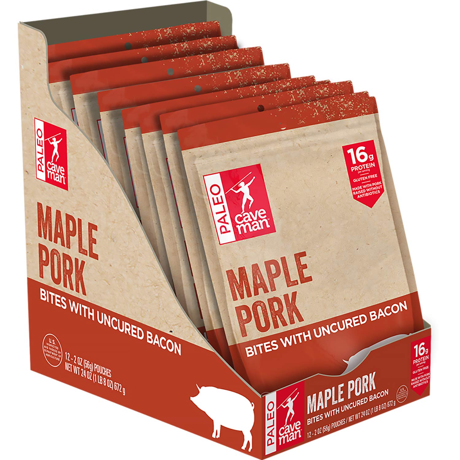 Caveman Foods Paleo – Gluten Free, Maple Pork with Uncured Bacon Bites, 2 Ounce, 12 count