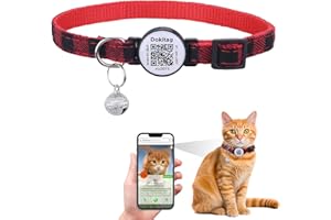 DOKITAG Custom Cat Collar with Pet ID Tag,Breakaway Cat Collar with QR Code Tag,Cat Collar with QR Code, Cat Collar with Bell and QR,Pet Online Profile-Scan QR Receive Instant Pet Location Alert Email (Red)