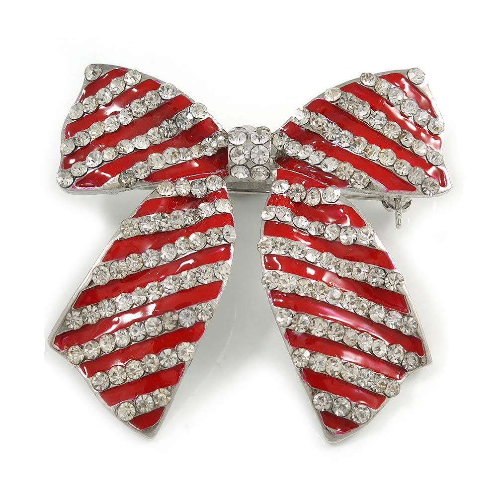 Large Enamel Crystal Bow Brooch (Red) - 65mm Across