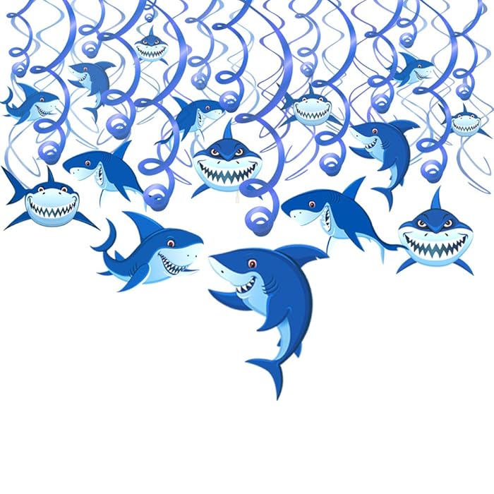 Konsait Shark Hanging Swirl Decoration Home Ceiling Wall Decor for Shark Sea Themed Splash Party Baby Shower Birthday Party Favor Supplies Decor for Boy Girls Kids (30Pack)
