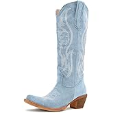 GORBINETI Women Cowboy Boots Mid Calf Cowgirl Western Boots Embroidered Suede Pull On Almond Toe Chunky Heel