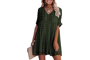 KIRUNDO Womens Summer Dresses 2024 Casual V Neck Short Sleeve Swiss Dot Ruffle Loose Flowy Mini Babydoll Dress