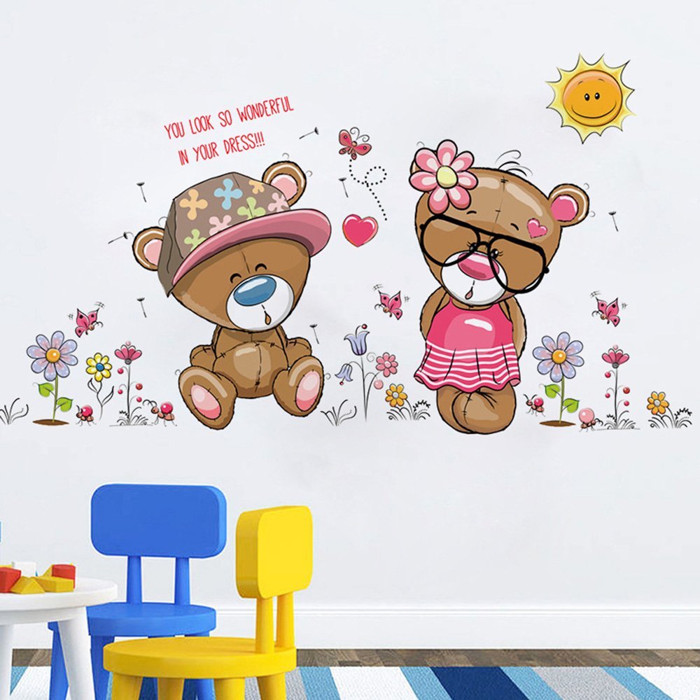 La Chambre De Bebe Salle De Jeux Chambre En Beau Couple Dours Stickers Muraux De Bande Dessinee Avec Lettres De Fleurs De Soleil Et De Mots Decoratifs Mural Art Stickers Decoration Amovible