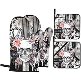 Gothic Skull Flower Oven Mitts and Potholders Professional Heat Resistant Cotton Oven Mitts Kitchen Gloves 4 Piece Set