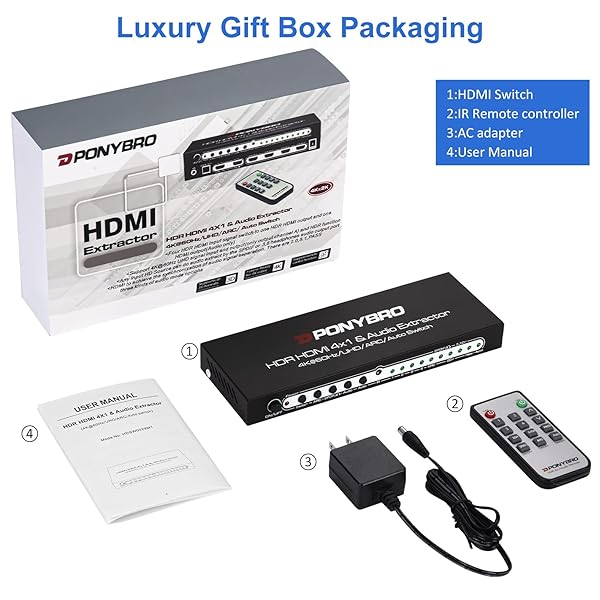 PONYBRO HDMI 2.0 SWITCH 4 PORT WITH AUDIO EXTRACTOR – 4K@60HZ HDR10, OPTICAL/AUX/ARC AUDIO OUTPUT, AUTO-SWITCHING FOR PS5/XBOX/SOUNDBAR, DOLBY DIGITAL & DTS SUPPORT, REMOTE INCLUDED.