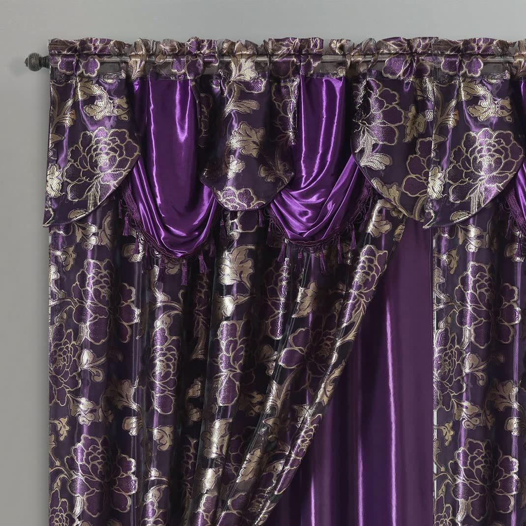 GOHD Royal ROSARIUM. Clipped Voile/Voile Farmhouse Jacquard Window Curtain Panel Drape with Attached Fancy Valance & Taffeta Backing.2pcs Set. Each pc 54" Wide x 84" Drop + 18" Valance. (Purple)