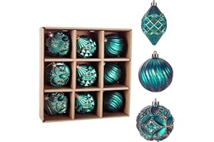 POLIKO 8cm 3.15" Christmas Ball Ornaments, 9 Pcs Shatter-Proof Set with Decor, 9ct Set 2023 Decoration for Xmas Tree Balls (Green with Gold)
