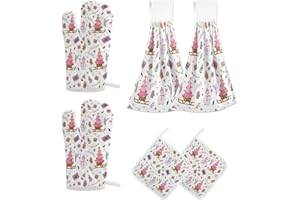 VKPSCHJ Hanging Kitchen Towels And Oven Mitt Potholders Set,Pink Christmas Snowman Soft Absorbent Hand Dish Towel with Loop,Pretty Pattern Extra Long Oven Mitts Heat Resistant Hot Pads for Cooking Bak