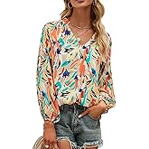 MLEBR Womens Blouses Fashion 2023 Winter Casual Long Sleeve V Neck Tops Abstract Printed Silk Blouses Tops Flowy Shirts L
