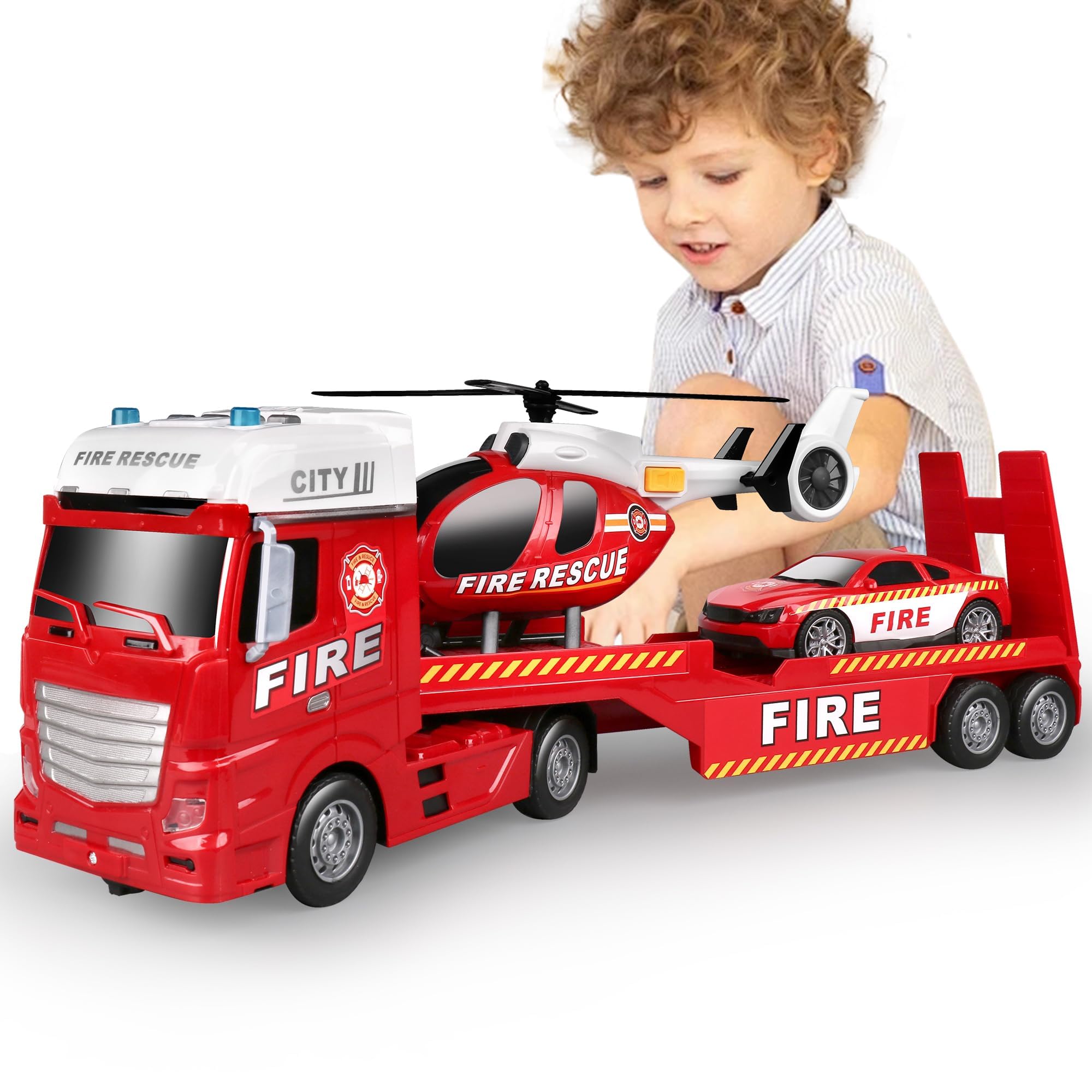 Photo 1 of Dwi Dowellin 25.6" Semi Truck Toy with Racing Car and Helicopter for Kids Toddlers - Fire Toys,Birthday Gifts for Boy Toddler Child 2 3 4 5 6 Years Old