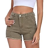Aotasely 2025 Women's Stretchy Cargo Denim Shorts Mid Rise Jean Shorts Raw Hem Jorts with Pockets Short Jeans 3.5" Inseam