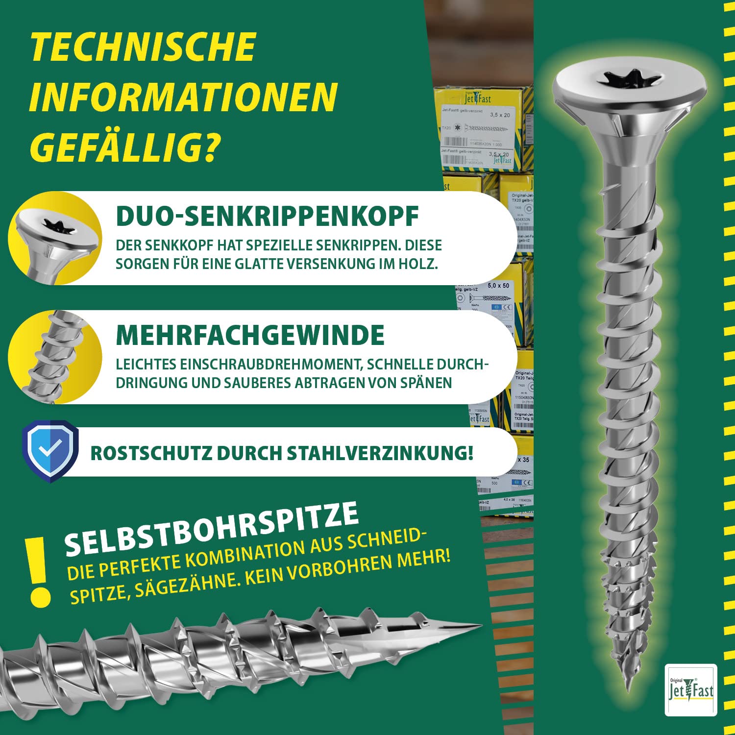Jet-Fast Premium Universalschrauben 5,0 x 50 mm, 200 Stück, Duo-Senkkopf, Teilgewinde TX Antrieb, Blau verzinkt, Holzschrauben, Spanplattenschrauben, Cut-Spitze, German Quality 3