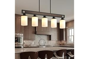 HUONG SON Farmhouse Dining Room Light Fixture, 5-Light Wood Kitchen Island Lighting for Dining Room Over Table, Black Adjustable Pendant Light with Milk Glass Shades, Linear Chandeliers Lighting for Kitchen