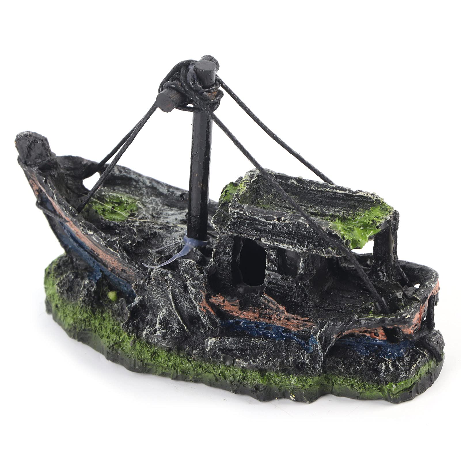 Shipwreck Aquarium Ornament, High Simulation Lost Wrecked Boat Resin Model, 12.5x6x10cm, for Small Shrimp Turtle Fish Tank Landscape