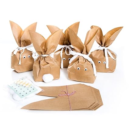 10 Stück braune natürlich lustige Osterhasen Hasen Papiertüten + weiß beige Baumwollband – Alternative zum Osternest f. Kinde