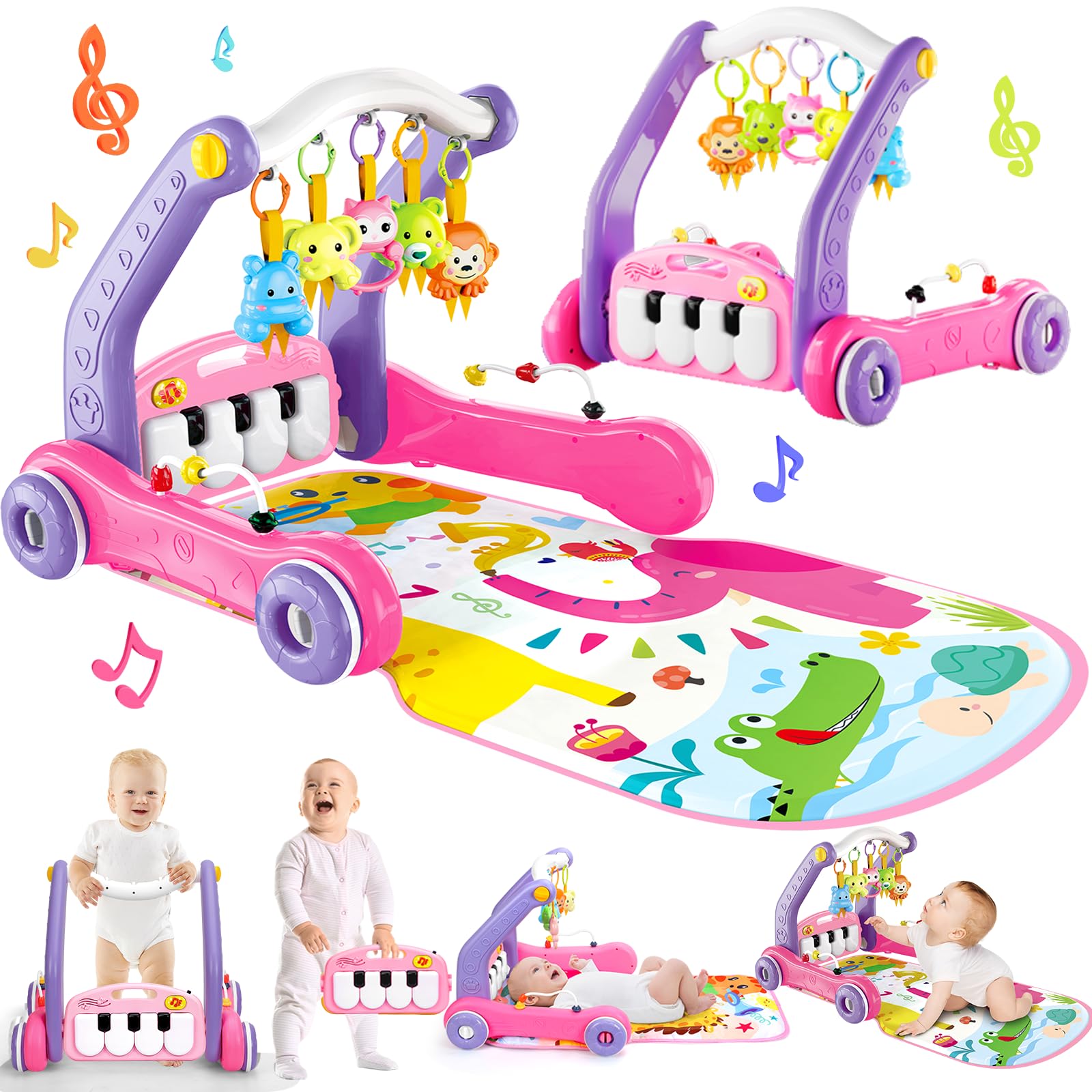 Photo 1 of 4-in-1 Baby Gym Play Mat with Learning Walker, Tummy Time Mat & Baby Push Toys for Newborn Infant 0-3-6-9-12 Month Boy Girl, Babies Activity Center with Play Piano & Lights, Ideal Toddler Babies Gifts