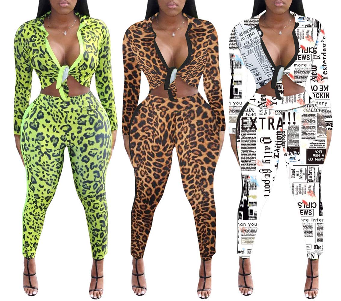 Two Piece Outfits for Women Clubwear - Sexy Leopard Print Long Sleeve Crop Top and Bodycon Pants Set Jumpsuit