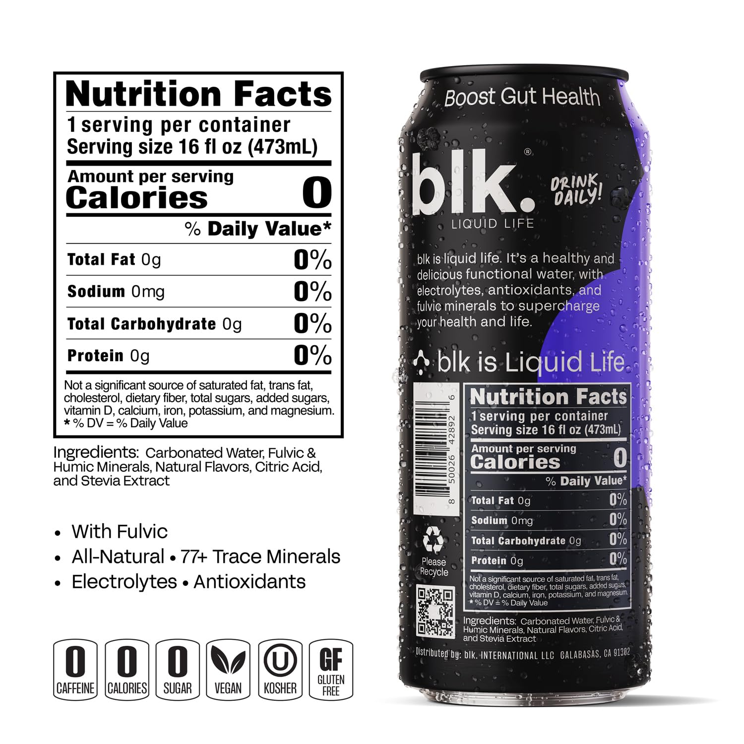 blk. Natural Alkaline Mineral Sparkling Water Electrolyte Infused with Fulvic and Amino Acids, Zero Sugar, Zero Calories Drink, Elderberry Flavored, 16 oz, 12 pack