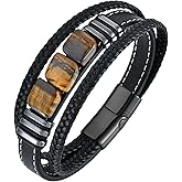STARCHENIE Multi Strand Bracelet for Men Square Authentic Tiger Eye Black Braided Leather Mens Bracelet and Stainless Steel Buckle