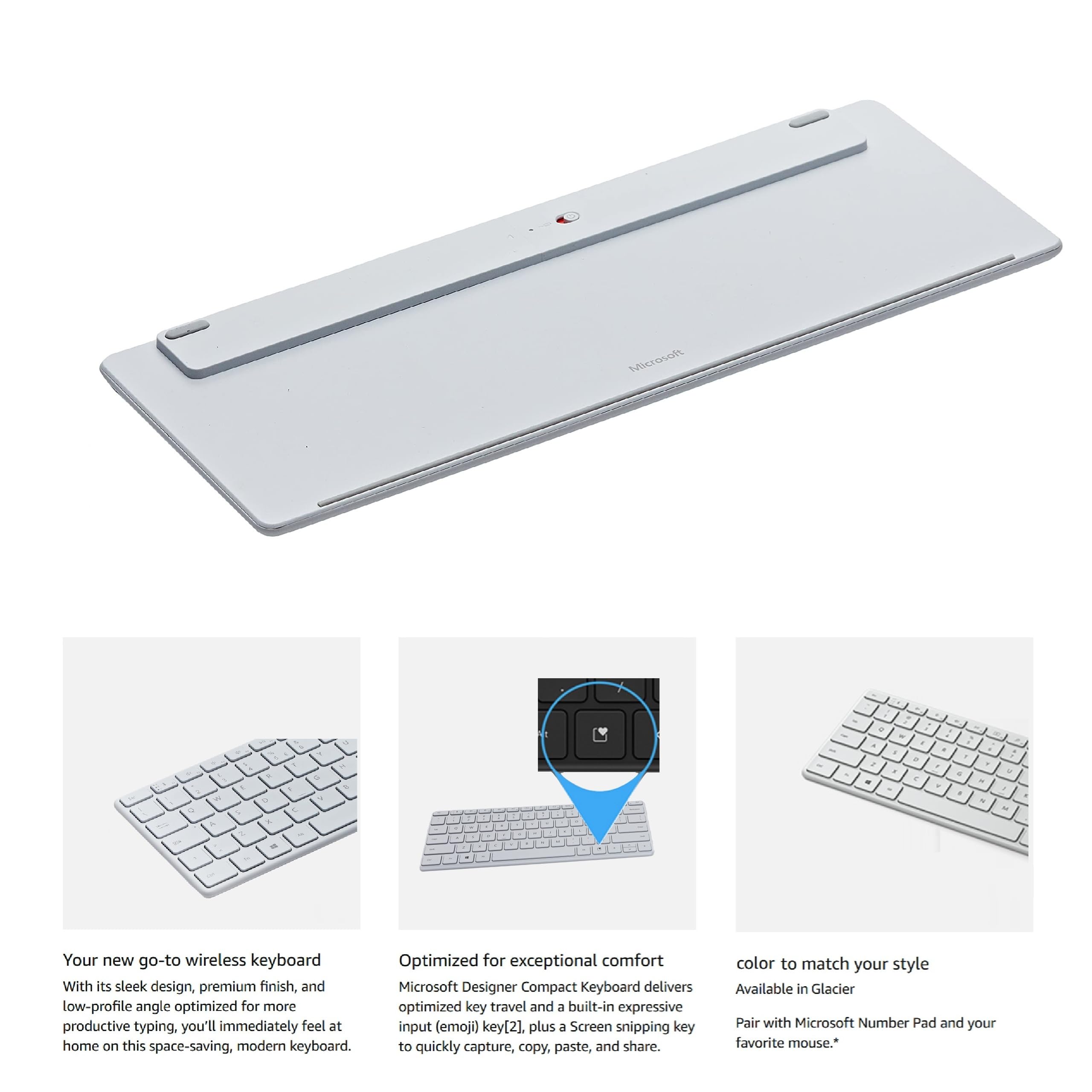 Microsoft Designer Compact Keyboard Ultra-Slim Portable Wireless Bluetooth Keyboard for PC, Mac, Laptop, Tablet and Mobile Devices, for Ergonomic Typing - White