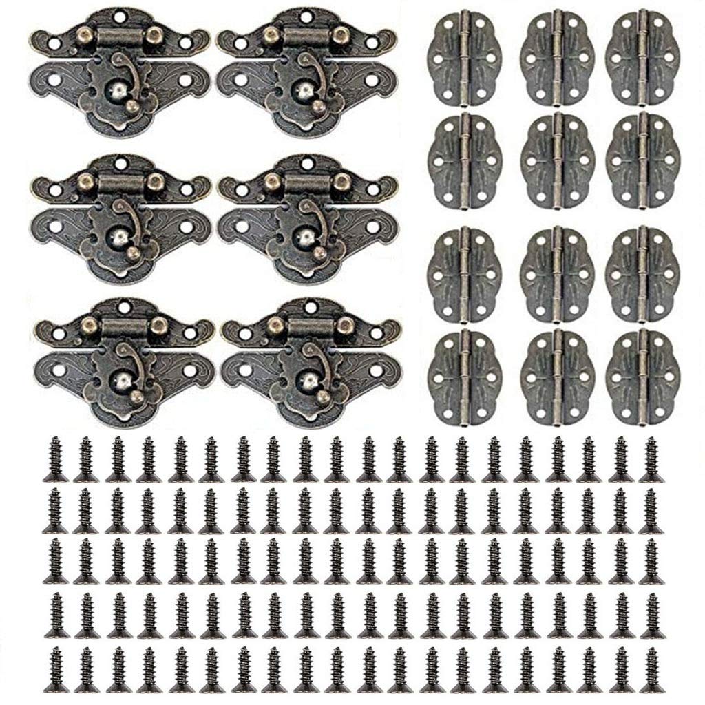 6 Pieces Retro Design Box Latch and 12 Vintage Bronze Engraved Designs Hinge with 100 Screws, Decorative Cabinet Jewelry Box Antique Buckle, Wooden Case Decorative Hasp Latch Buckle