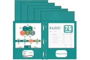 Two Pocket Folders, RAZCC 75 Pack Two Pocket Folders with Prongs, 3 Prong Folders Fit Letter Size Paper, Pocket File Folders for School Office Home Business, Turquoise