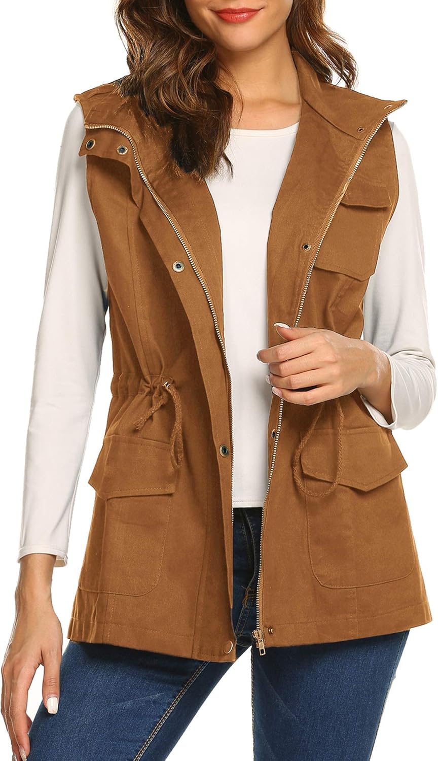 Beyove Womens Lightweight Sleeveless Military Anorak Cargo Vest Hooded