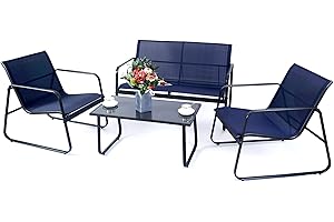 Kozyard Sofia 4-Piece Patio Outdoor Furniture Set with Strong Powder Coated Metal Frame One Love Seat, Two Single Chairs and one Table for Porch, Balcony, Backyad, Patio Conversation Set (Navy Blue)