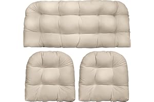 RSH Decor Indoor Outdoor 3 Piece Tufted Wicker Settee Cushions 1 Loveseat & 2 U-Shape Weather Resistant - Choose Color (Ivory Tufted, 2- 19"x19" 1- 41"x19"), 3 Piece Set