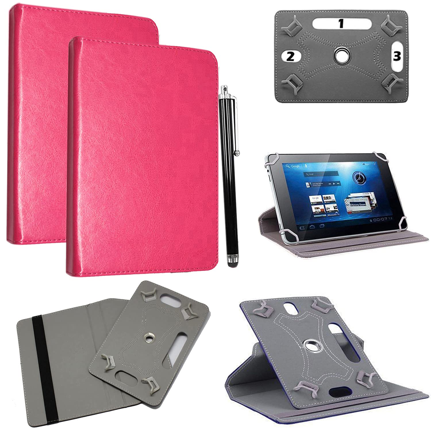 Universal 7 Inch Tablet Case Cover - Premium PU Leather 360 Degree Rotating Stand Folio Wallet Case + Free Stylus Pen (Pink)