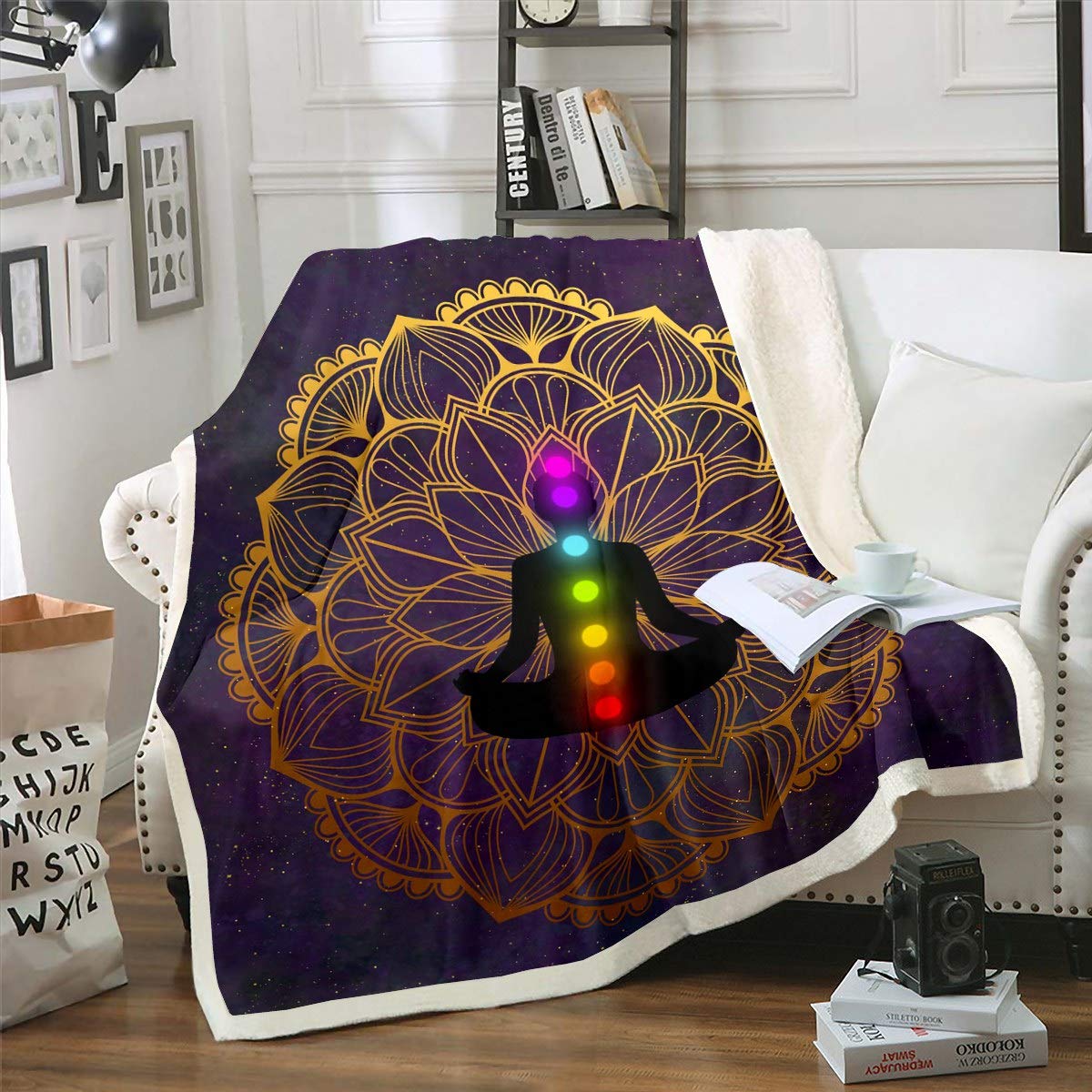 Loussiesd Women Chakra Fleece Sherpa Blanket for Sofa Couch - Boho Mandala Plush Throw - Purple Galaxy Fuzzy Room Decor - Chic Golden Bohemian Zen Spiritual Flannel Double 60"x79" — image 1