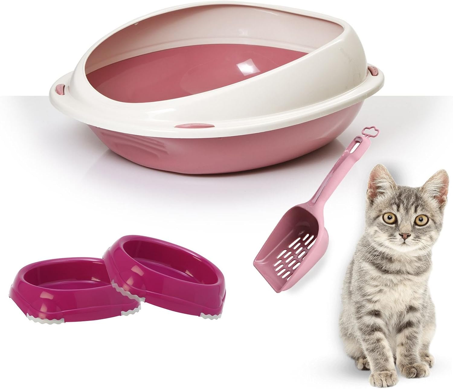 High Rim Cat Litter Tray Bundle + 2 Smarty Bowls + Scoop Cat Hygeine