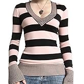 Women Long-Sleeve V Neck Striped Knit Sweatshirt Vintage 90s Pullover Fall Tops Y2K Slim Fit Winter Sweater