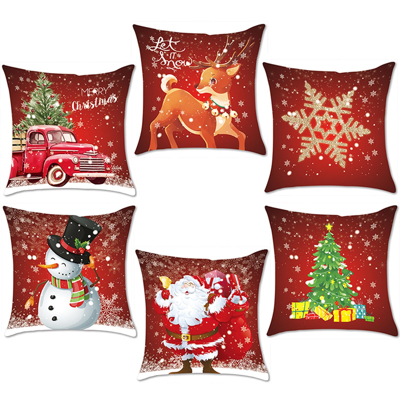 AMLOOPH Christmas Cushion Covers Set Of 6, Red Christmas Decorations Design Sofa Cushion Covers 40 X 40 cm Soft Plush Square Xmas Throw Pillow Covers Cases For Xmas Decorations Indoor