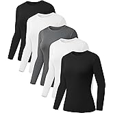 Kinglaman 5 Pack Womens Basic Long Sleeve Shirts Crew Neck Slim-Fit Fitted T Shirts Tops Undershirts Underscrub Baselayer