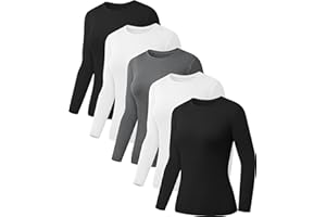 Kinglaman 5 Pack Womens Basic Long Sleeve Shirts Crew Neck Slim-Fit Fitted T Shirts Tops Undershirts Underscrub Baselayer