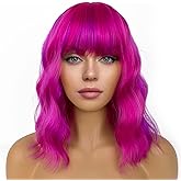 LANCAINI Short Bob Wigs with Bangs for Women Loose Wavy Wig Curly Wavy Shoulder Length Bob Synthetic Cosplay Wig for Girl Colorful Costume Wigs (Rose mixed Purple)
