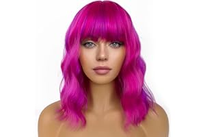 LANCAINI Short Bob Wigs with Bangs for Women Loose Wavy Wig Curly Wavy Shoulder Length Bob Synthetic Cosplay Wig for Girl Colorful Costume Wigs (Rose mixed Purple)