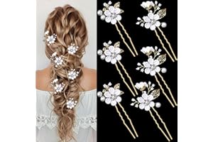 LAPOHI 6 PCS Bridal Flower Wedding Hair Pins Crystal Pearl Hair Clips Headpiece Gold Wedding Hair Accessories Jewelry with Rhinestone for Brides Bridesmaids Women Girls Updo (Pure White Flower)