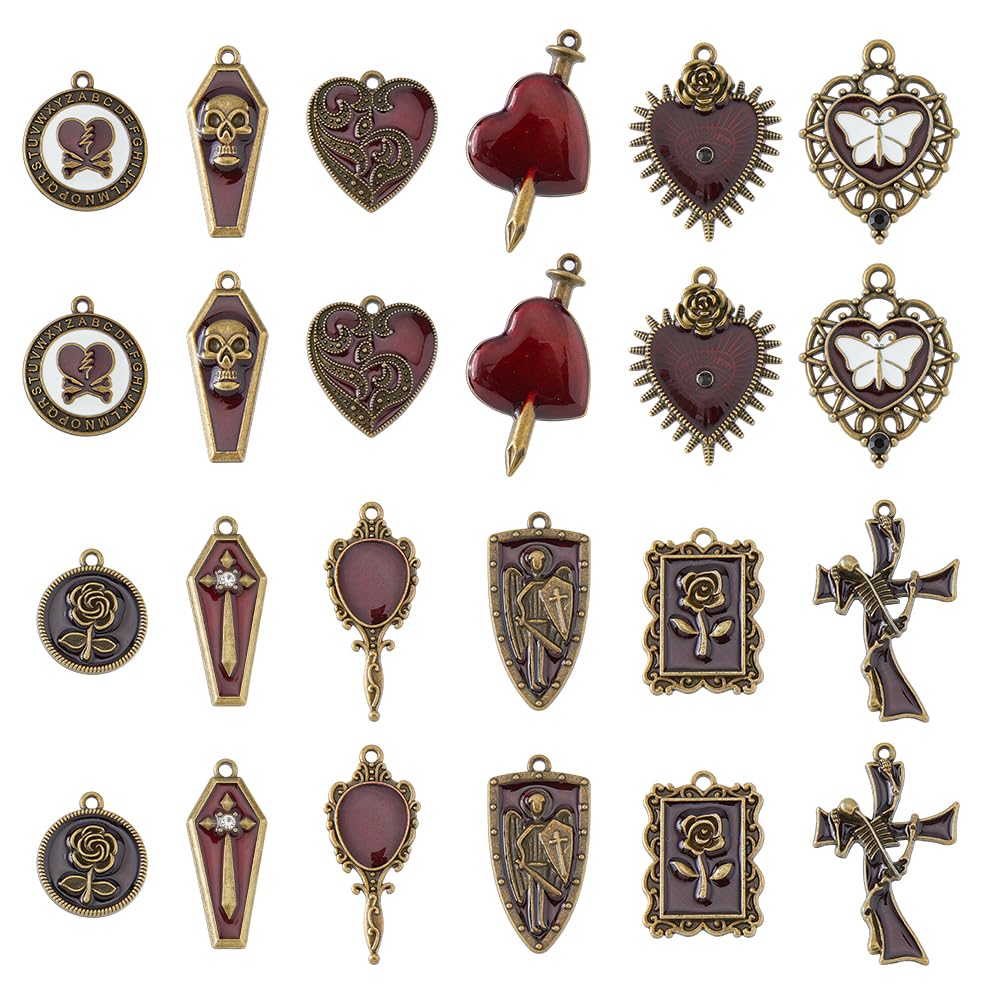 DICOSMETIC 24Pcs 12 Styles Halloween Charm Gothic Style Charm Black Red Alloy Charms Rose Skull Heart Sword Pendant Coffin Pendants Crafting Dangle Charm for Jewelry Making