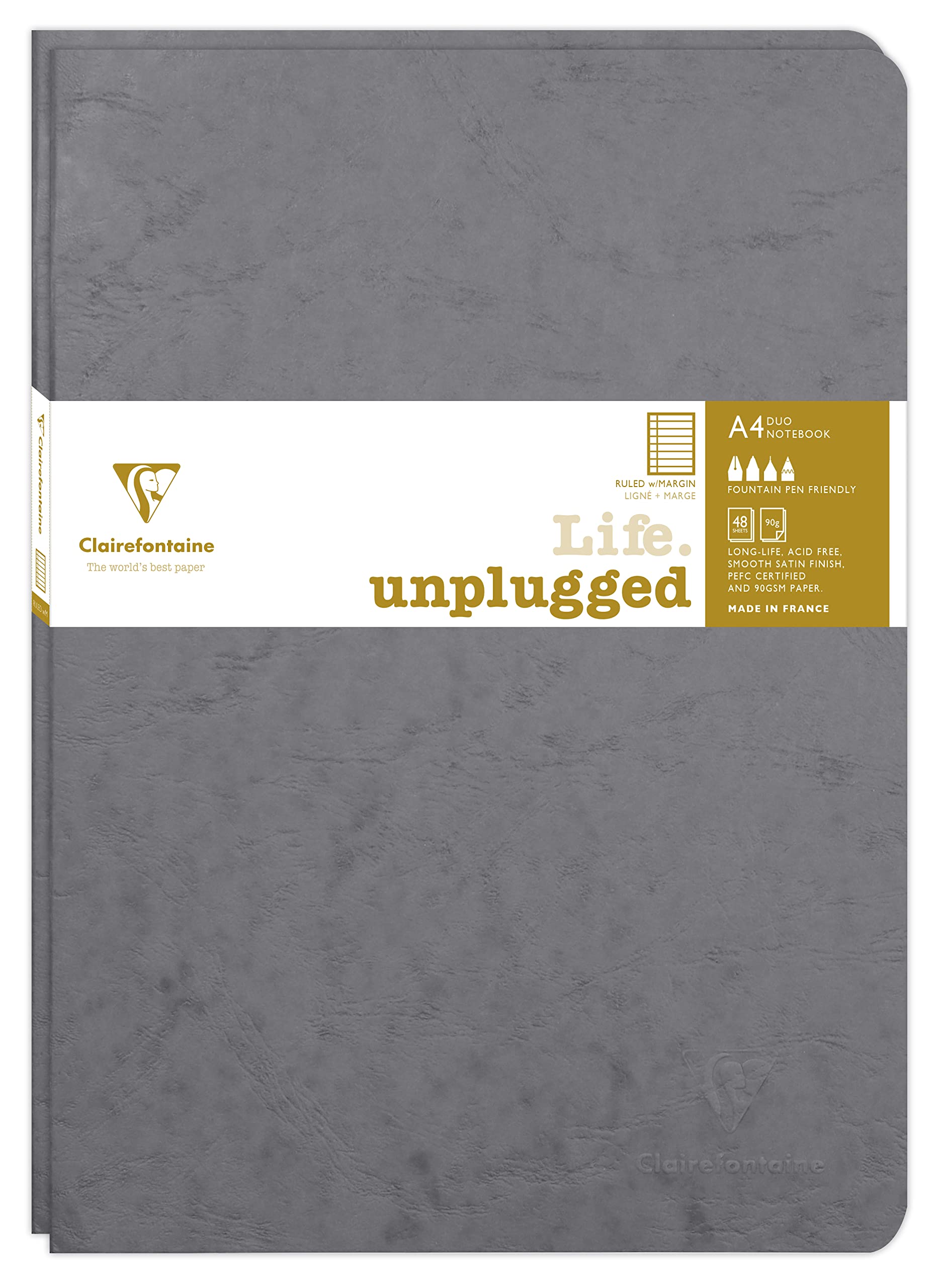 Clairefontaine 733075C Collection Age Bag Set of 2 Grey Duo Stapled Notebooks - A4 21x29,7cm - 96 Lined Pages with Margin - 90g White Paper Leather Grain Cover — image 1